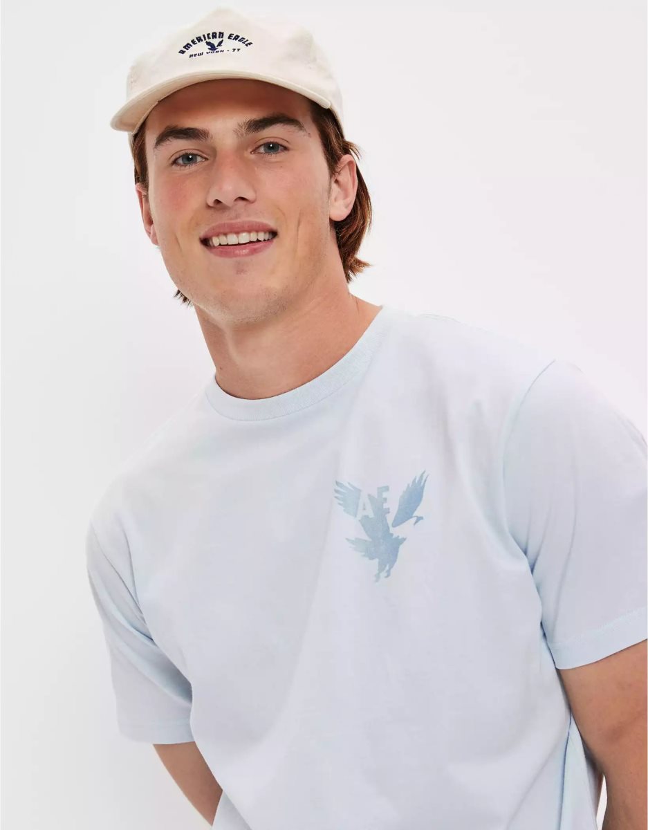 T Shirt Graphique American Eagle AE Super Soft Logo Bleu Clair Homme | TBM-34610901